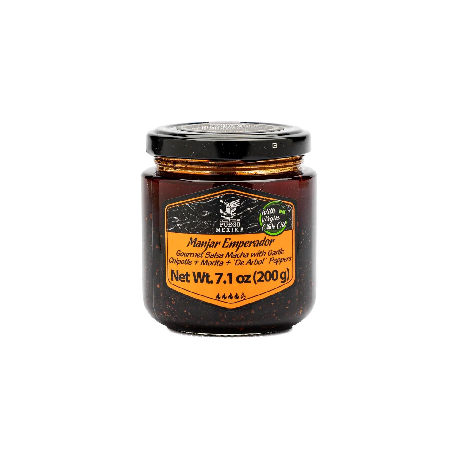 FUEGO MEXIKA Manjar Emperador 4-Pack craft Mexican Chili Paste/Salsa Macha: Chipotle, Morita Chili Peppers &amp; Garlic, roasted and bathed in virgin Olive Oil.