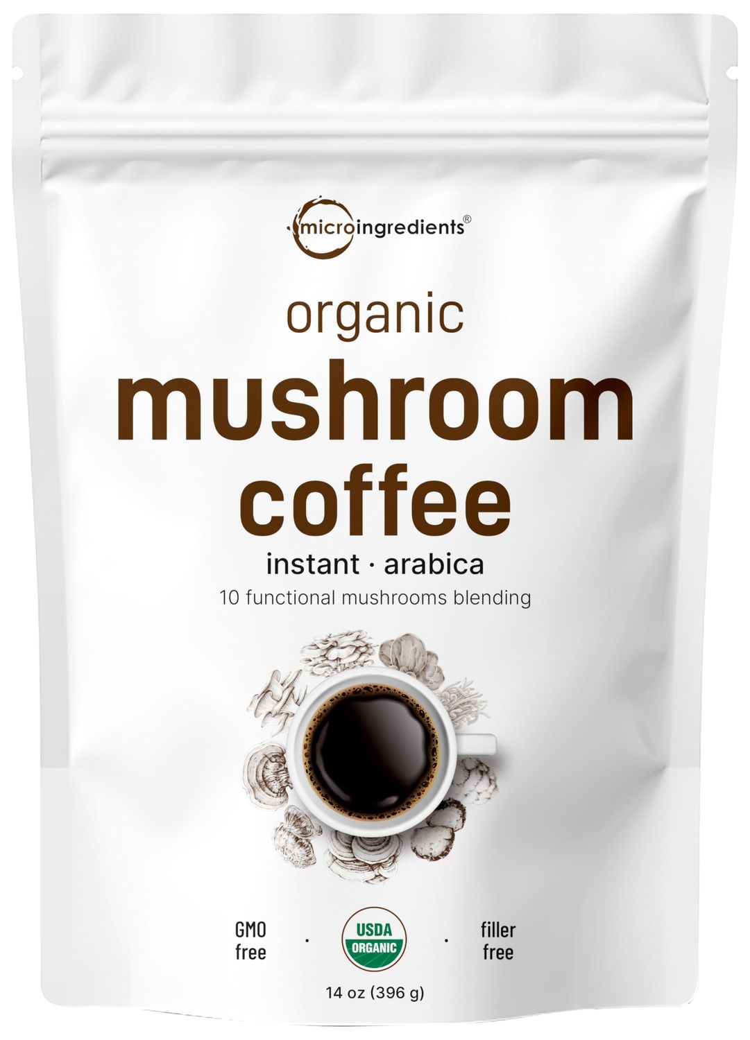 Organic Instant 10 in 1 Mushroom Coffee Powder, 14 Ounce (158 Servings) Weight &amp; Immune Support Premium Arabica Coffee with Lions Mane, Chaga, Reishi,&amp; More