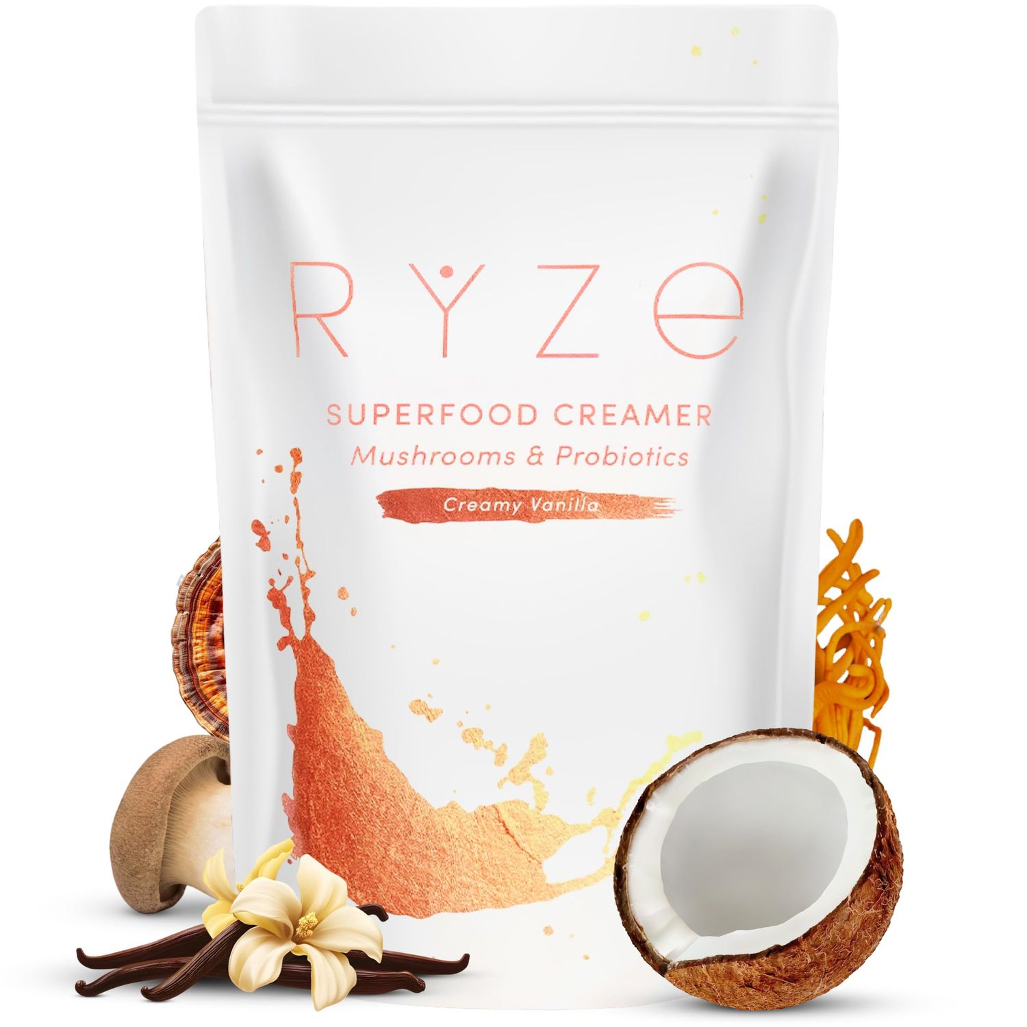 RYZE Superfood Probiotic Coffee Creamer with 6 Organic Adaptogenic Mushrooms &amp; Probiotics for Energy, Focus, Digestion with USA Grown Turkey Tail, Shiitake, Lion&#39;s Mane, Reishi, Gluten Free 30 serving