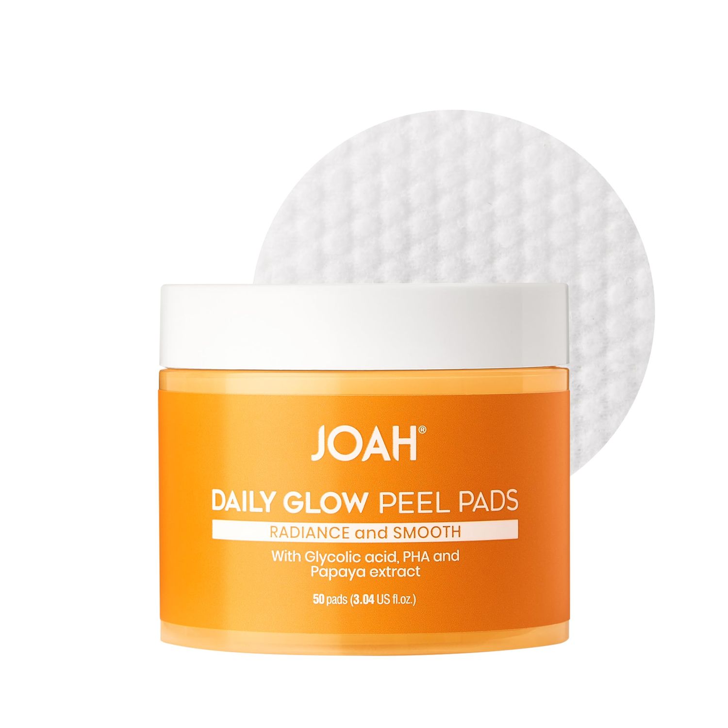 JOAH Daily Glow Exfoliating Cotton Peel Pads with Glycolic Acid, Infused with PHA &amp; Papaya Extract, Free of Gluten, Parabens, Phthalates, SLS, &amp; Formaldehyde, 50 Pads - 3.04 US fl. oz.