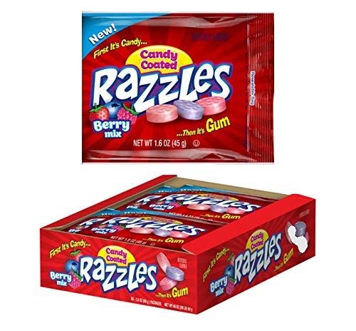 Razzles Assorted Berry Mix Flavors Candy Gum, 1.6 Ounce Resealable Bag - 24 Count Pack