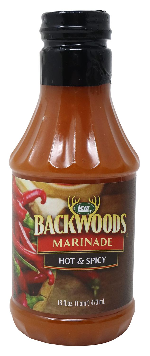 LEM Products Backwoods Hot and Spicy Marinade, Great for Wild Game and Domestic Meat, 16 Fluid Ounce Bottle