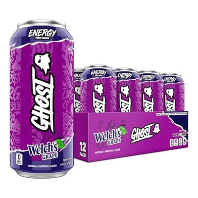 GHOST Energy Drink - 12-Pack, Welch&#39;s Grape, 16oz Cans - Energy &amp; Focus &amp; No Artificial Colors - 200mg of Natural Caffeine, L-Carnitine &amp; Taurine - Gluten-Free &amp; Vegan