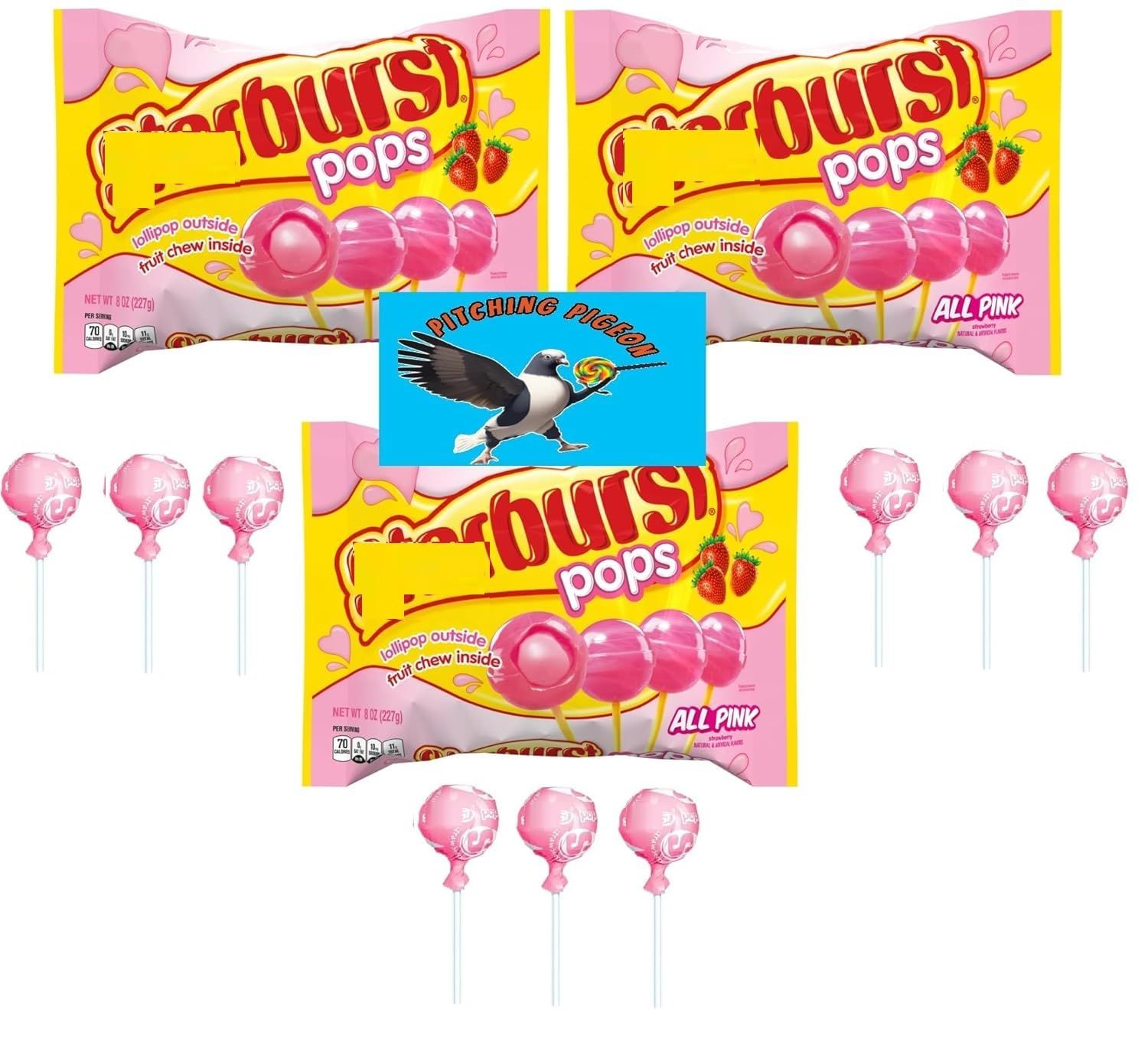 Star burst All Pink Strawberry Lollipops 24oz Easter Basket Candy Wrapped Suckers - Includes PITCHING PIGEON Brand Magnet