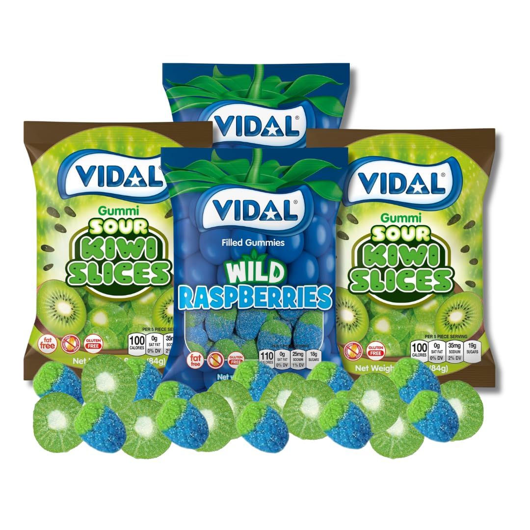 Vidal Sour Kiwi Slices &amp; Sour Wild Raspberries - Gift Bundle of 4 (2 Each), 3.5 oz Bags by Lyza&#39;s Sweets &amp; Treats