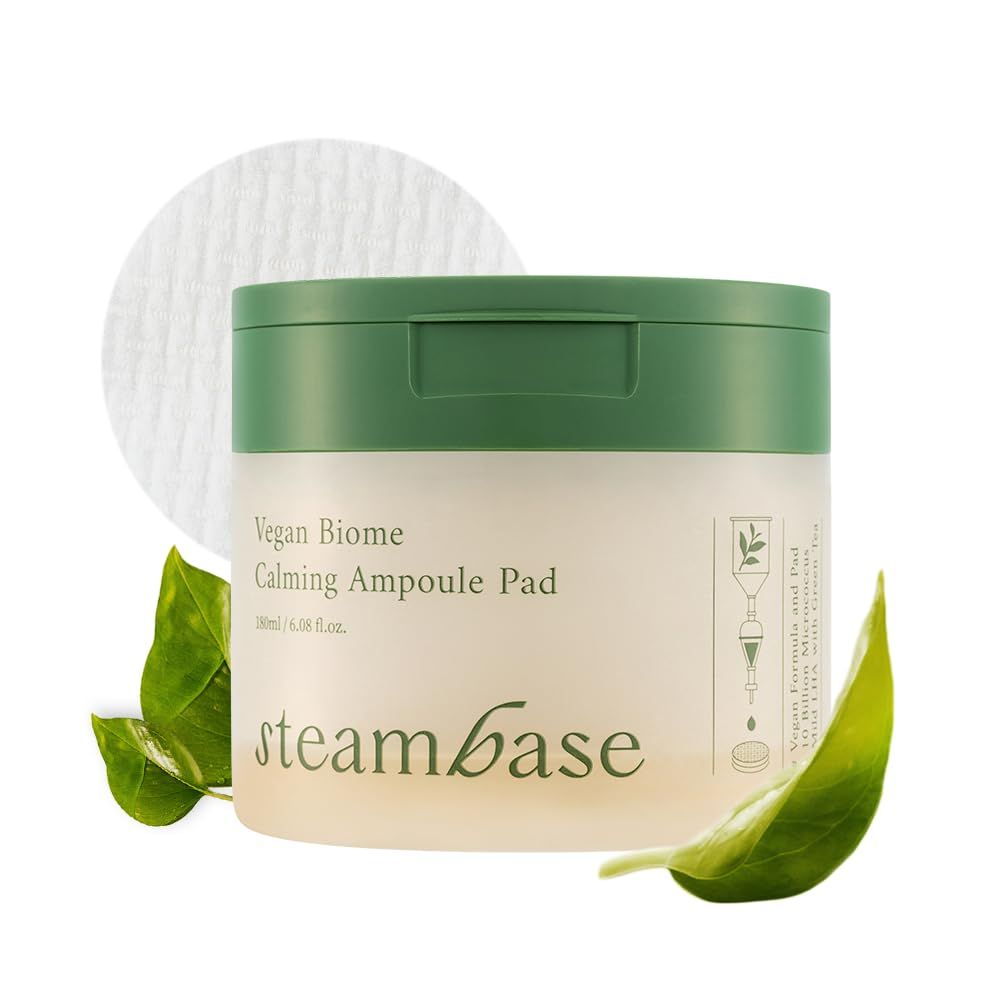 STEAMBASE Vegan Biome Calming Ampoule Pads, 70 Sheets Green Tea Calming Toner Pads Nourish Soothe Exfoliate Skin Barrier Hydrate Repair Strengthen Korean Skin Care, 6.08 fl oz