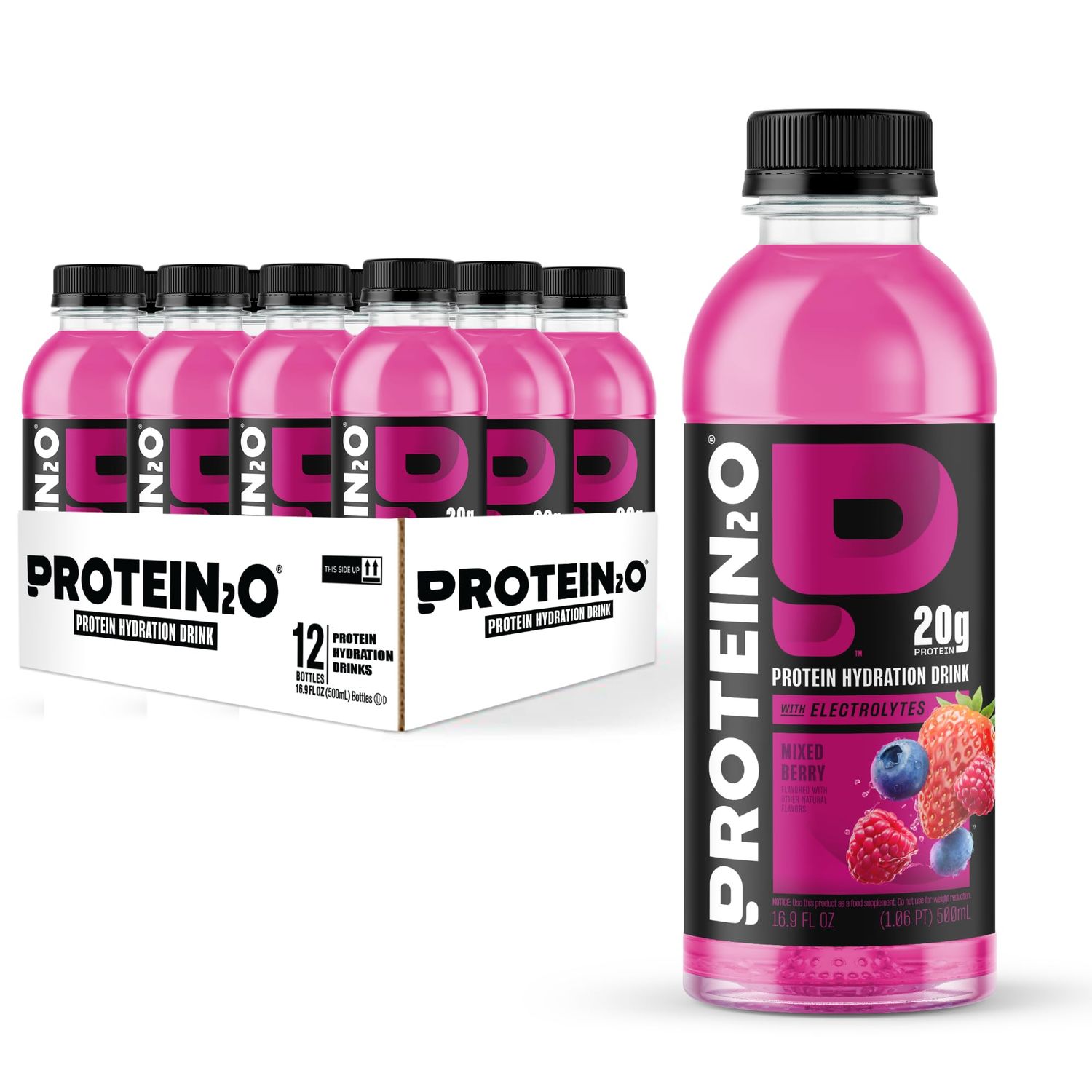 Protein2o 20g Whey Protein Isolate Hydration Drink, 350mg of Electrolytes, Vitamins B5 &amp; B6, Sugar Free, Mixed Berry, 16.9 oz Bottle (12 Count)