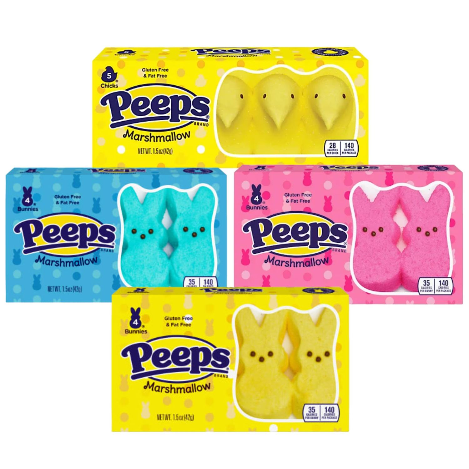 Needzo Peep Marshmallow Variety Pack Including Classic Shaped Pink, Blue, and Yellow Bunnies and Chicks for Easter Baskets (Pack of 4)