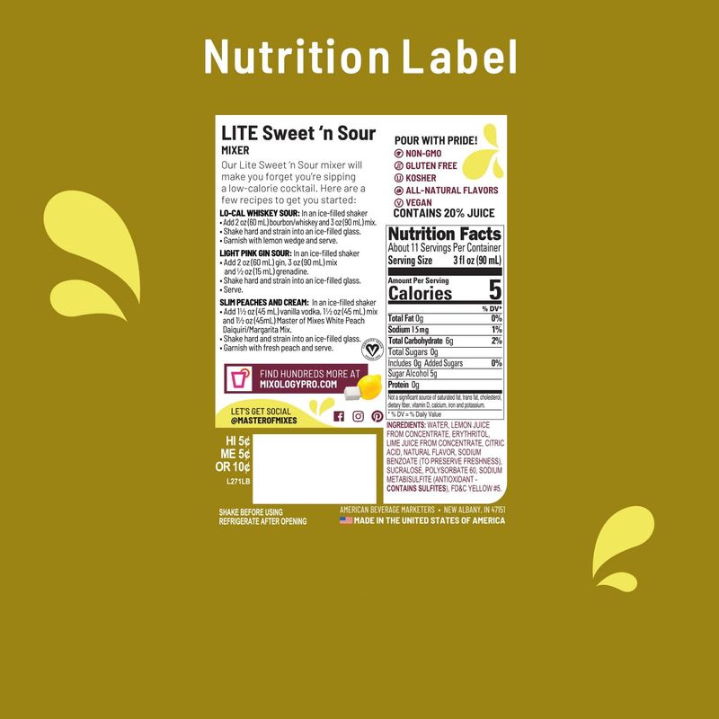Master of Mixes Sweet N' Sour Lite Drink Mix, Ready To Use, 1 Liter Bottle (33.8 Fl Oz), Pack of 3