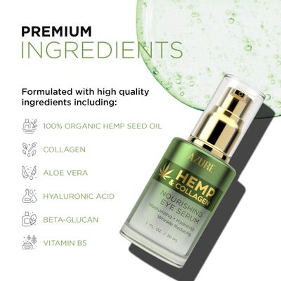 Azure Cosmetics Hemp &amp; Collagen Nourishing Eye Serum - Moisturizing, Firming &amp; Toning, Reduces Wrinkles, Fine Lines &amp; Under Eye Bags, Restores Tired, Dehydrated Skin Made in Korea - 30mL / 1 fl.oz.