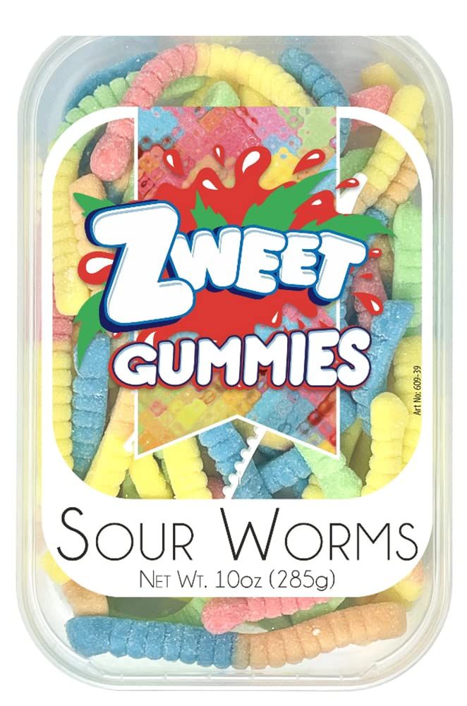 Zweet Sour Gummy Worms Candy 10 Ounce - Sour Kosher Candy, Halal Candy - Resealable Pack of Sour Gummy Candy