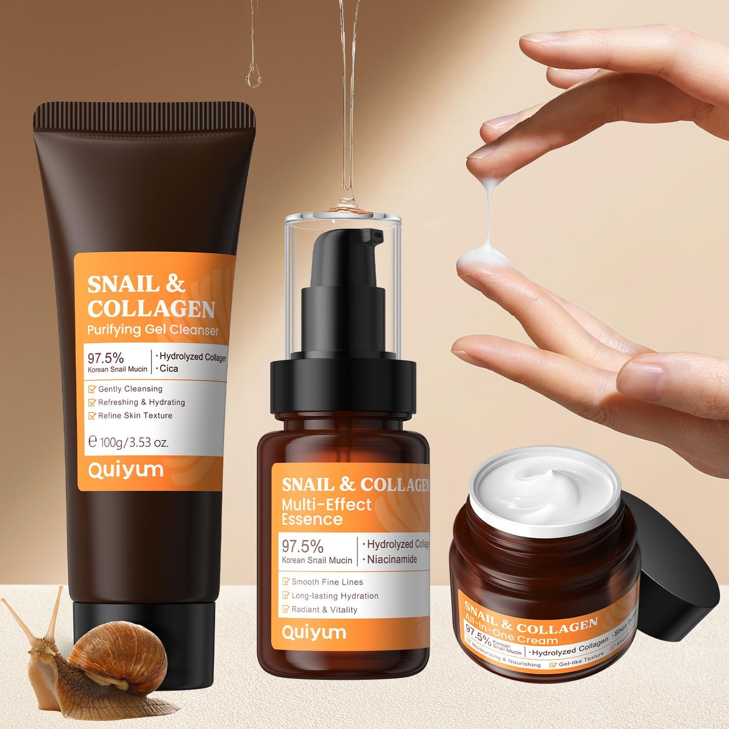 Quiyum Skin Care Set, 97.5% Snail Mucin Collagen, Gifts Set for Women, with Snail Secretion Filtrate for Dull and Damaged Skin, Firming, Anti-Aging, Hydrating &amp; Repair, Korean Skincare