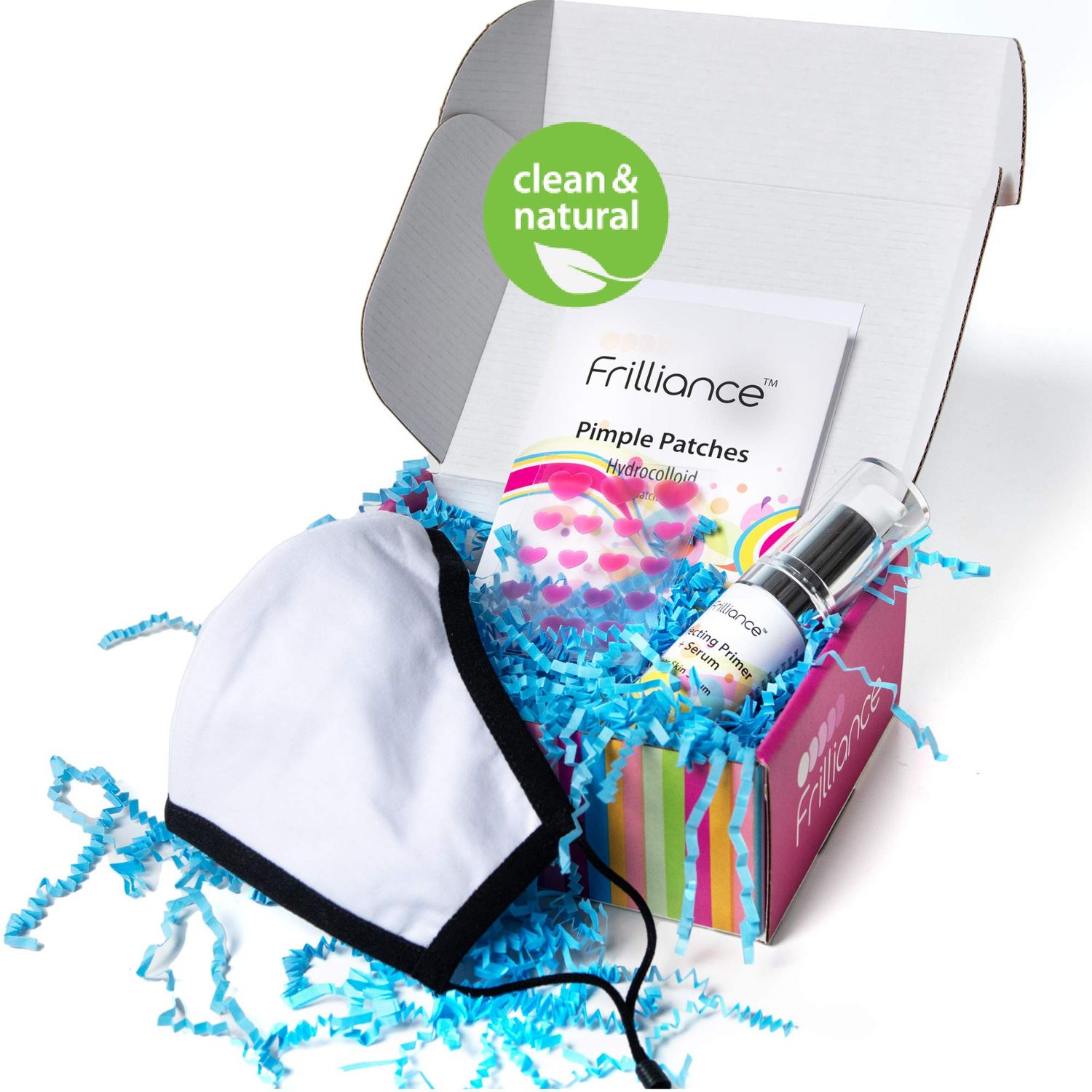 Frilliance Maskne Acne Skincare Beauty Bundle, Silver-ion Mask, Clear Skin Serum, Pimple Patches, Hypo-allergenic, Cruelty-free