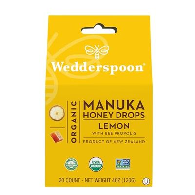 Wedderspoon Organic Manuka Honey Drops, Lemon &amp; Bee Propolis, 20 Count (Pack of 1) Genuine New Zealand Honey Perfect Remedy For Dry Throats