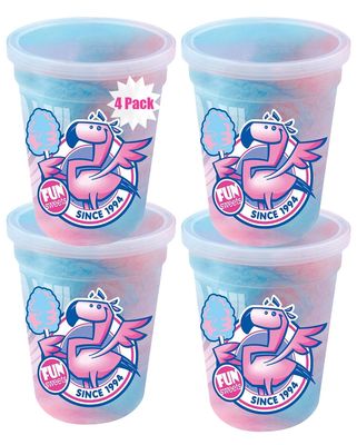 Fun Sweets Cotton Candy 4-Pack - Blue Raz and Cherry Swirl Flavor CottonCandy in 1.5 oz Tubs - Individual Carnival Cotton Candy Tubs