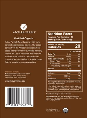 Antler Farms - 100% Pure Organic Raw Cacao Powder, 40 servings, 200g - Vegan, Gluten Free, Cultivated Naturally in Amazon Rainforest, Certified USDA Organic