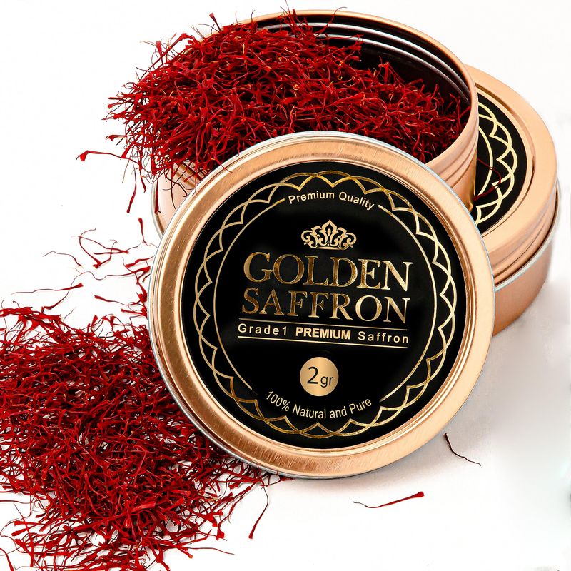Golden Saffron, Finest Pure Premium All Red Saffron Threads, Grade A Super Negin Non-GMO Verified. For Tea, Paella, Rice, Desserts, Golden Milk and Risotto (2 Grams)