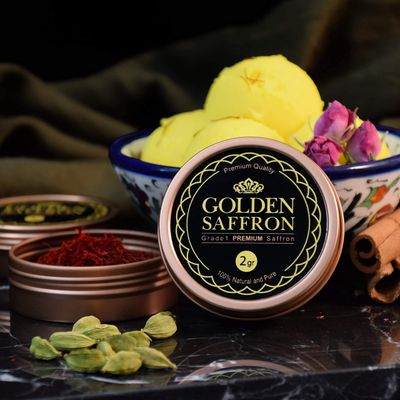 Golden Saffron, Finest Pure Premium All Red Saffron Threads, Grade A Super Negin Non-GMO Verified. For Tea, Paella, Rice, Desserts, Golden Milk and Risotto (2 Grams)