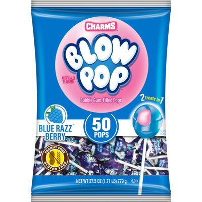 Charms Blow Pop Single Flavor Bag - Blue Raspberry Flavored Lollipops with a Bubble Gum Center - Individually Wrapped Hard Candy - Blue Candy - Peanut Free, Gluten Free, 50 Count (Pack of 1)