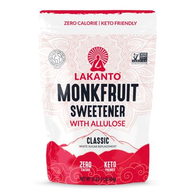 Lakanto Classic Monk Fruit Sweetener With Allulose, White Sugar Substitute From Monk Fruit Extract for Baking, Coffee &amp; Tea, Gluten Free, Zero Calorie, Low Carb, Non GMO, Keto, Classic White, 1 LB Bag