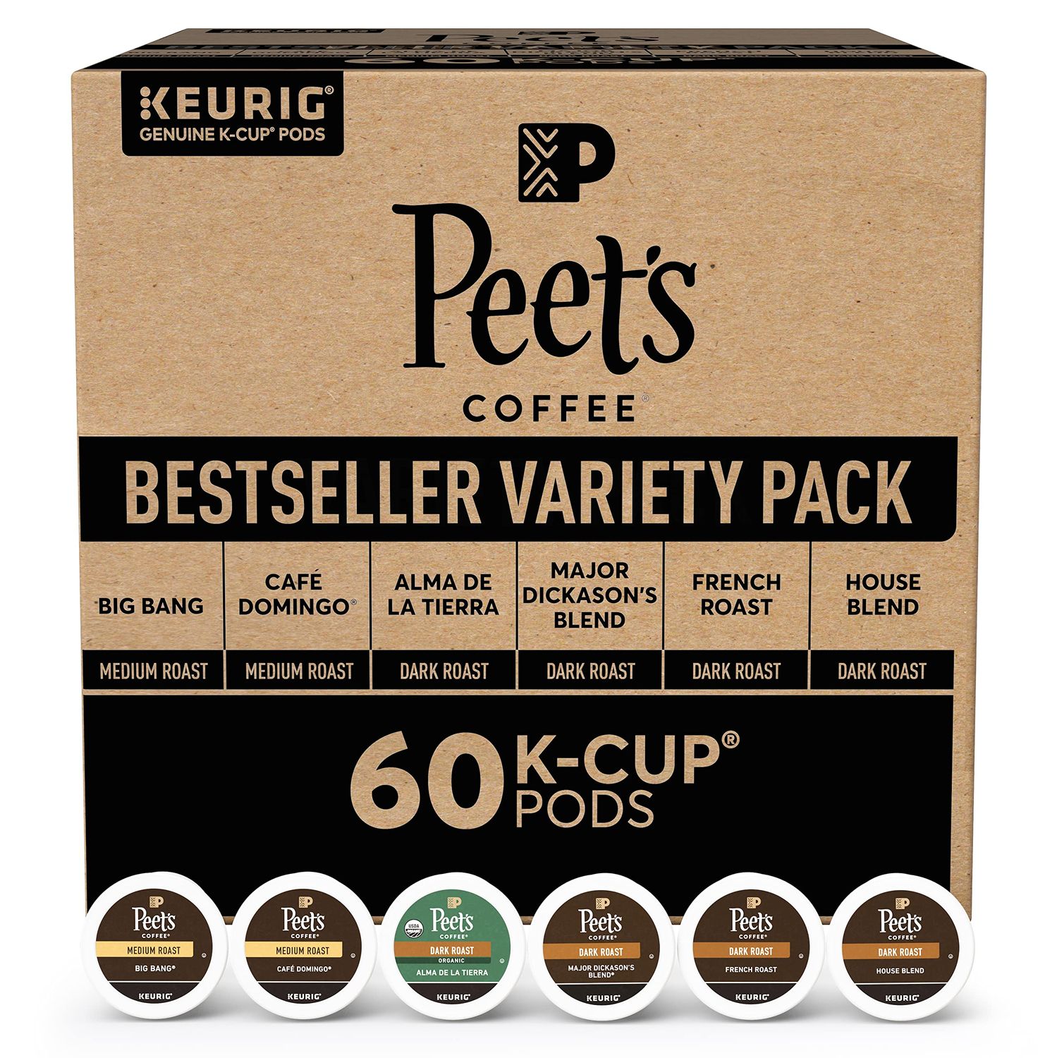 Peet&#39;s Coffee, Keurig K-Cup Pods Variety Pack - Major Dickason&#39;s Blend, Big Bang, French Roast, Caf Domingo, Organic Alma De La Tierra, House Blend, 60 Count (6 Boxes of 10 K-Cup Pods)