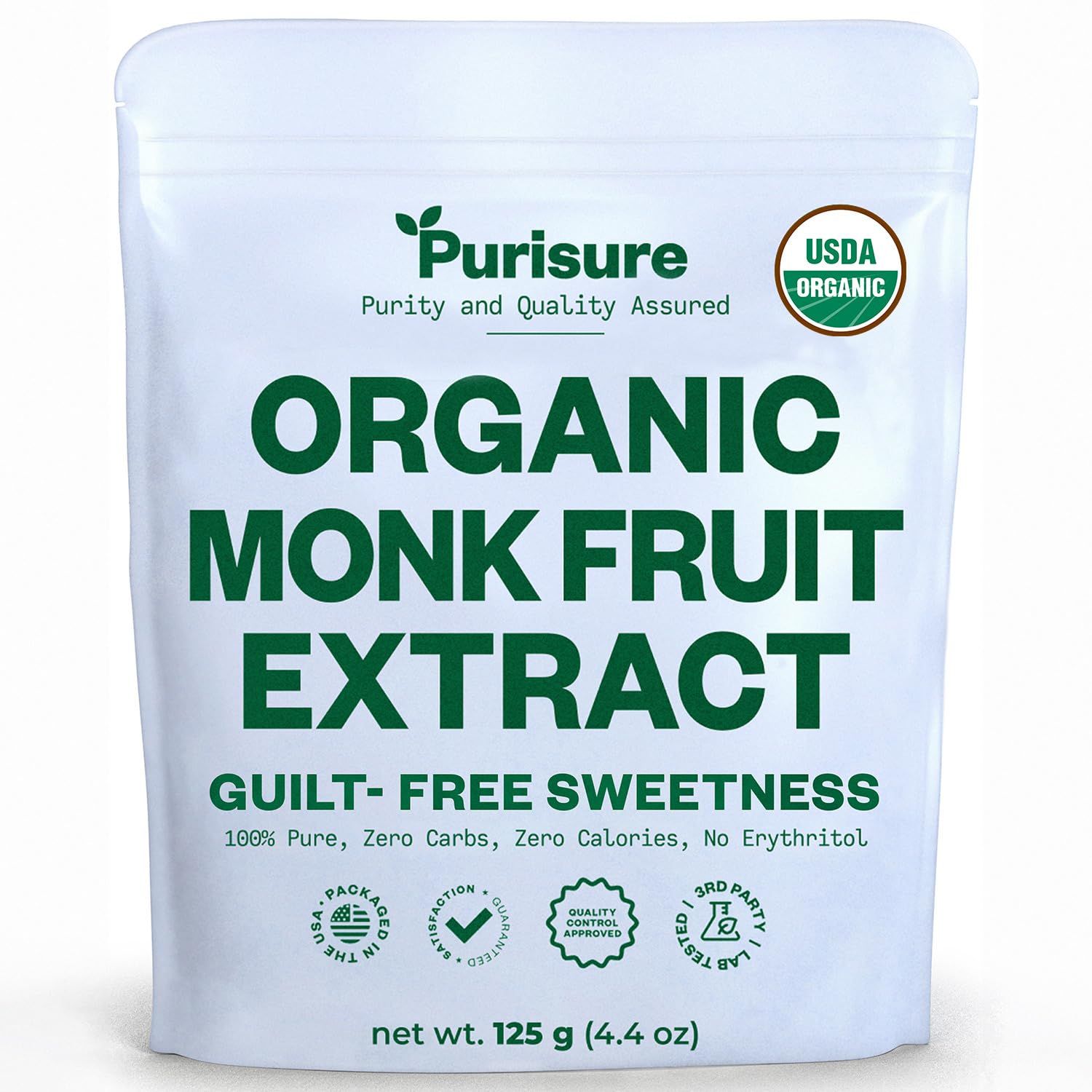 Organic Monk Fruit Sweetener, 125g (4.41oz), No Fillers Pure USDA Organic Monk Fruit Extract Powder with No Aftertaste, Zero Calorie &amp; Zero Carbs, Keto &amp; Paleo Friendly 320-400 Servings