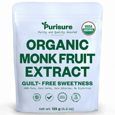 Organic Monk Fruit Sweetener, 125g (4.41oz), No Fillers Pure USDA Organic Monk Fruit Extract Powder with No Aftertaste, Zero Calorie &amp; Zero Carbs, Keto &amp; Paleo Friendly 320-400 Servings