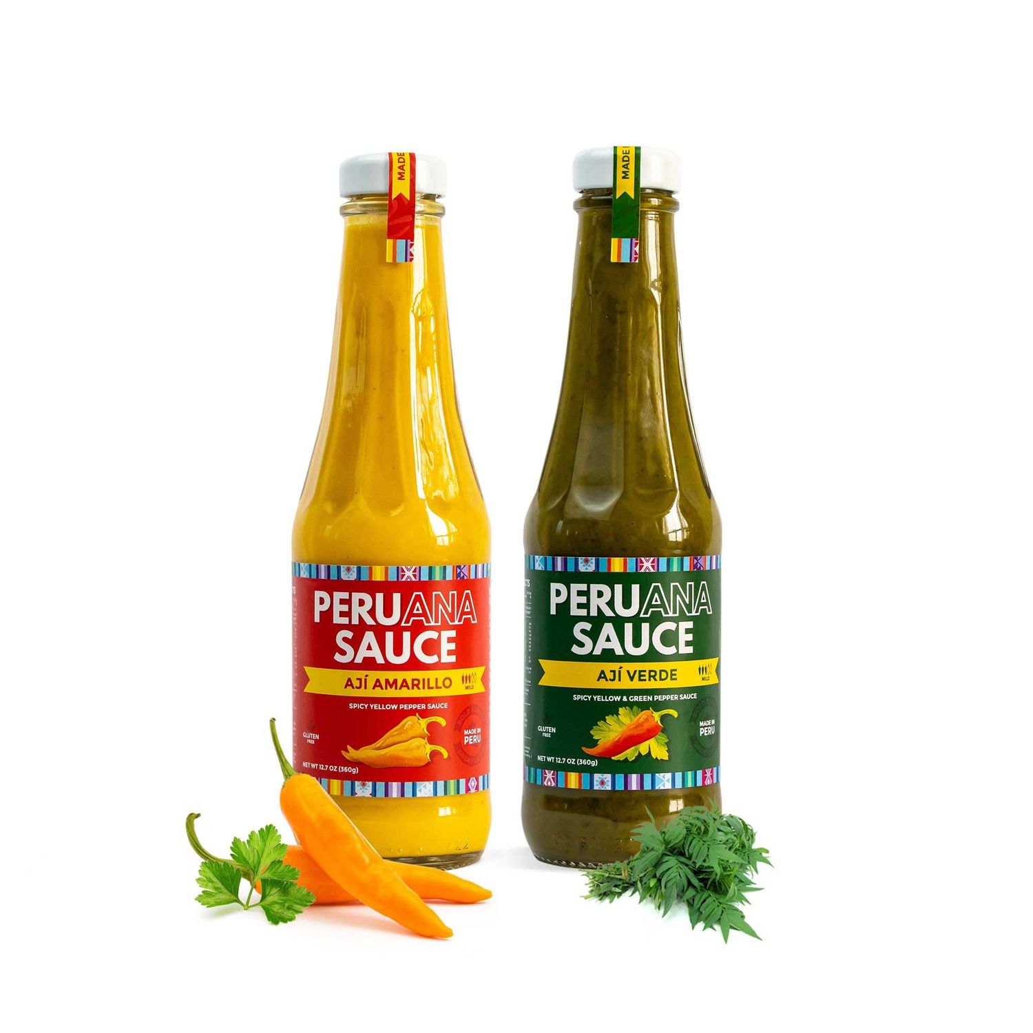 Peruana Sauce Variety Pack - Aji Amarillo Paste Peruvian Sauce and Verde Green Sauce - Peruvian Products Hot Sauce Variety Pack - 12.7 Ounce Bottles
