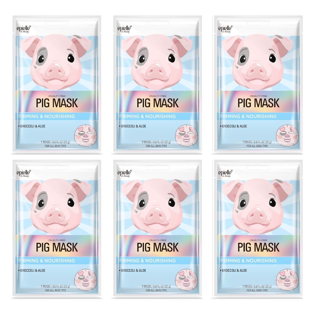 Epielle Character Sheet Masks, Animal Spa Mask, Korean Beauty Mask For All Skin Types Spa Day Party, Skincare Party Favors, Stocking Stuffer (Pig Pack of 6), Easter Gift