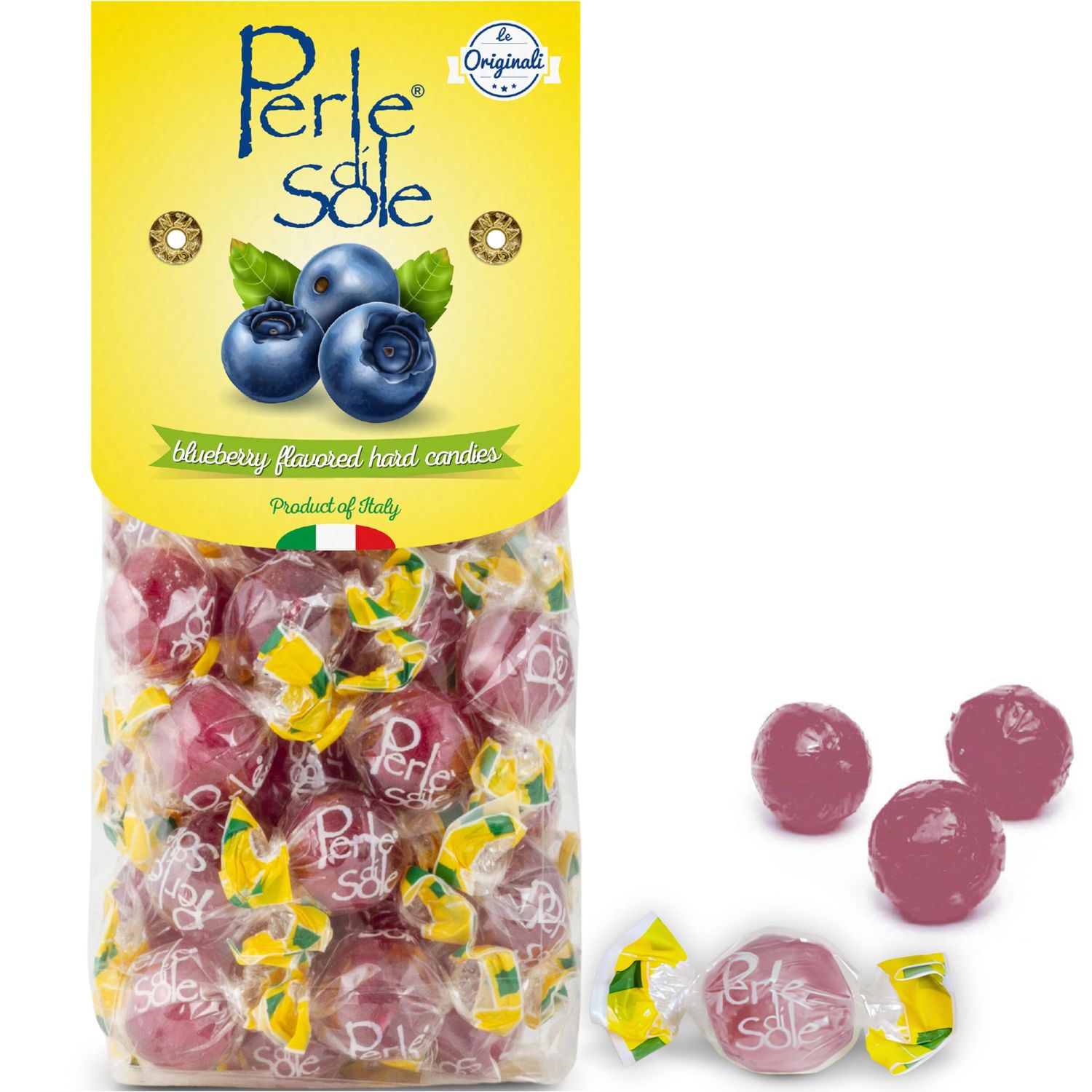 Perle di Sole Italian Candy - Blueberry Hard Candy with a Tart Fizzy Filling - Italian Candy Individually Wrapped (7.05 oz 200 g)