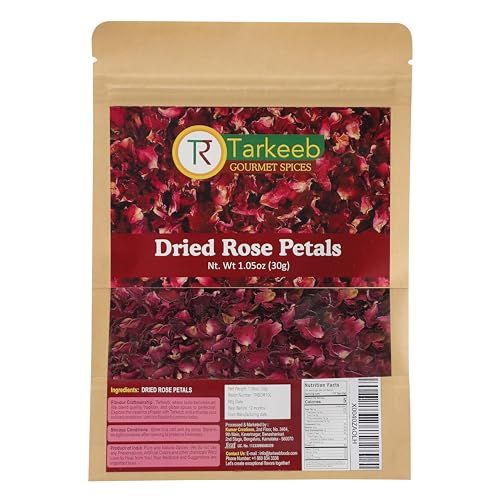 Tarkeeb Dried Rose Petals All Natural Edible Rose Petals Dried Flower Petals for Herbal Tea, Decoration, Rose Sprinkles, Topping on Cupcakes, Desserts - Net Weight: 1.05oz/30g Indian Origin