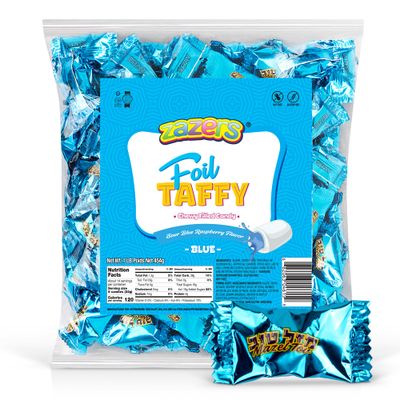 Blue Foils Chewy Taffy Candy, 1-Pound Bag of Blue Color Themed Kosher Candies Individually Wrapped Raspberry Fruit-Flavored Taffies (NET WT 454g, About 112 Pieces)