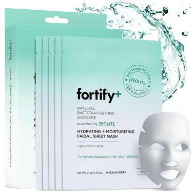 Fortify 9-in-1 Facial Sheet Mask with Hyaluronic Acid, Aloe &amp; Zeolite - Moisturizing &amp; Anti Aging, Dermatologist Tested - Creates Protective Barrier - Vegan, Cruelty Free - Made in Korea - Pack of 5