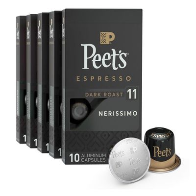 Peet&#39;s Coffee, Dark Roast Espresso Capsules, Compatible with Nespresso Original Machine - Nerissimo Intensity 11, 50 Count (5 Boxes of 10 Espresso Capsules)
