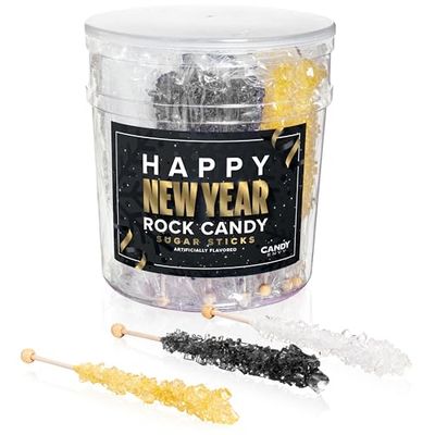 Candy Envy - Happy New Year Rock Candy Sugar Sticks - 36 Indiv. Wrapped - Gold, Black, White