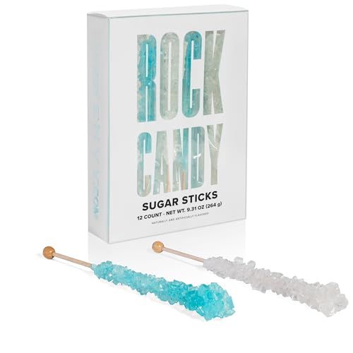 Candy Envy - Light Blue and White Rock Candy Sugar Sticks - 12 Indiv. Wrapped - Cotton Candy &amp; Original Sugar Flavored