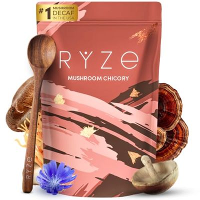 RYZE Mushroom Chicory with 6 Organic Adaptogenic Mushrooms, Keto Caffeine Free Decaf Coffee with Chicory Root for Energy, Focus, Digestion, Immunity with Turkey Tail, Shiitake, Lion&#39;s Mane, 30 serving
