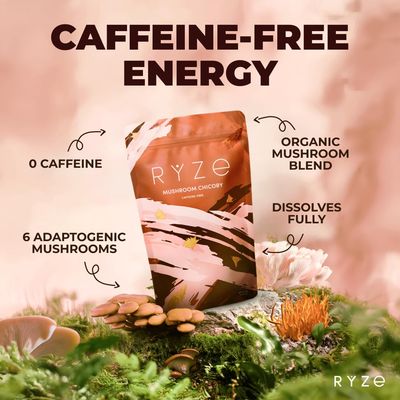 RYZE Mushroom Chicory with 6 Organic Adaptogenic Mushrooms, Keto Caffeine Free Decaf Coffee with Chicory Root for Energy, Focus, Digestion, Immunity with Turkey Tail, Shiitake, Lion's Mane, 30 serving