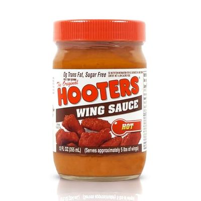 The Original Hooters Hot Wing Sauce - Spicy &amp; Robust Flavor - Ideal for for Grilling, Chicken Wings, Ribs, Chops, Shrimp, Seafood &amp; Dips - 12 fl oz