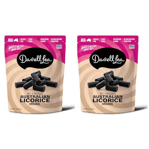 Darrell Lea Soft Australian Licorice, Original Black Flavor, 7 Ounce Bag (2-Pack) Non-GMO, No Palm Oil, Plant Based, No High Fructose Corn Syrup Soft &amp; Chewy Licorice Candy, Made in Australia