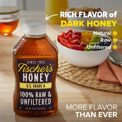 Fischer's 100% Pure, Raw &amp; Unfiltered Honey - USA Made Honey, 24 oz - All-Natural Sweetener - Rich Flavor Profile, Packed with Nutrients