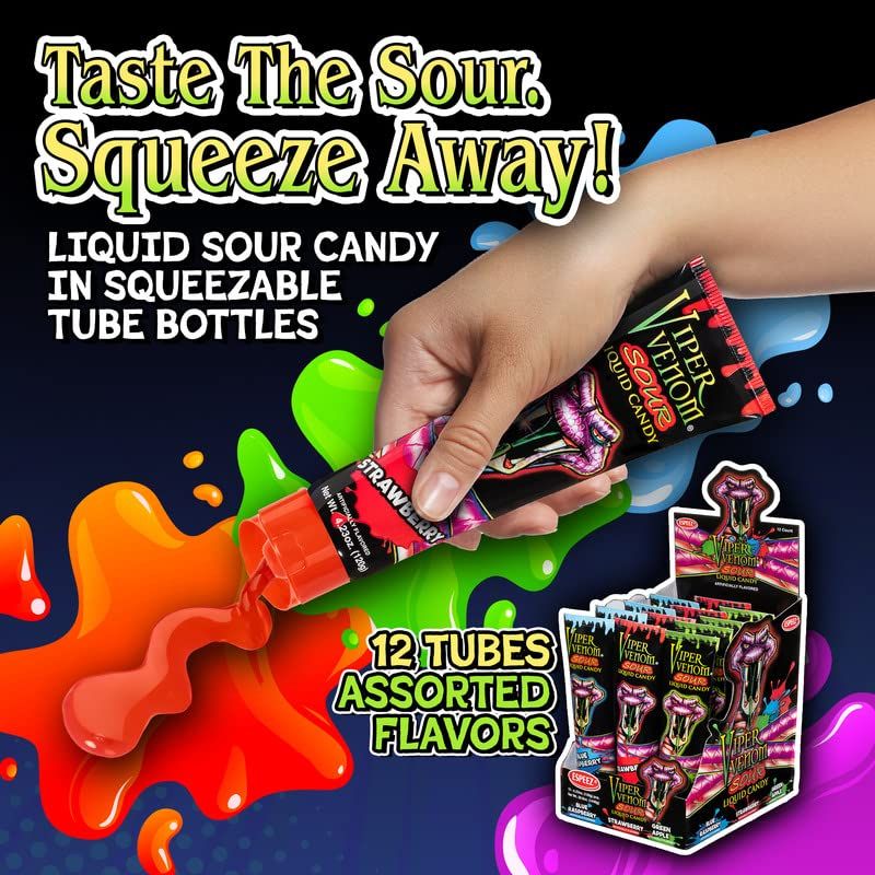Viper Venom - 12 Pieces Individually Packed Squeeze Liquid Candy Tubes-Includes 3 Flavors: Blue Raspberry, Strawberry, and Green Apple-Halloween Treats, Party Favors, Holiday Giveaways