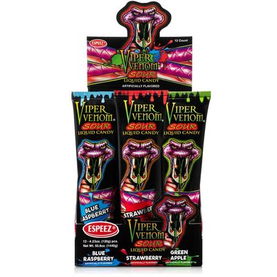 Viper Venom - 12 Pieces Individually Packed Squeeze Liquid Candy Tubes-Includes 3 Flavors: Blue Raspberry, Strawberry, and Green Apple-Halloween Treats, Party Favors, Holiday Giveaways