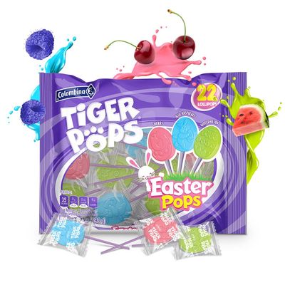 Colombina Tiger Easter Pops, Cherry, Blue Raspberry, and Watermelon Flavored, Individually Wrapped, Ideal for Easter Baskets or Eggfillers, 7oz (Pack of 1)