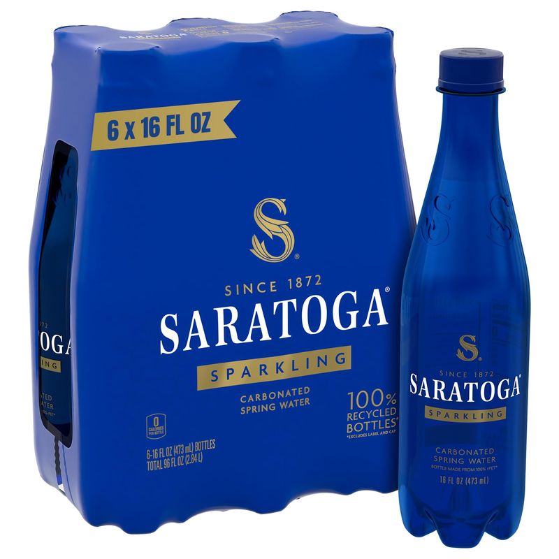 Saratoga Sparkling Water Bottles, 6-Pack - Carbonated Spring Bottled Water with Naturally Occurring Minerals &amp; Electrolytes - Recycled PET Plastic Bottles - 16 Fl Oz