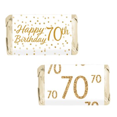 DISTINCTIVS White and Gold 70th Birthday Mini Candy Bar Wrappers - 45 Stickers