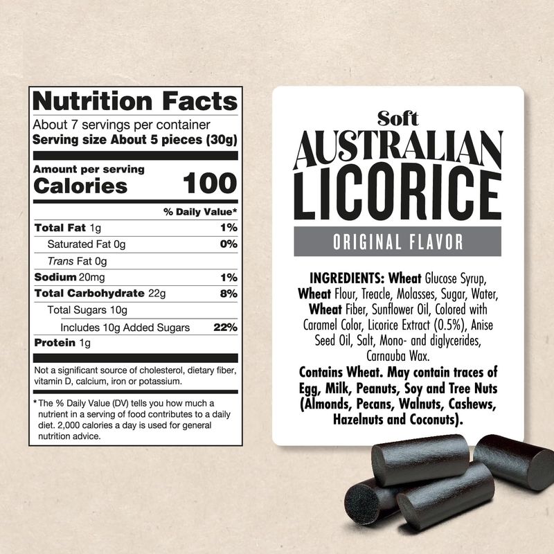 Darrell Lea Soft Australian Licorice, Original Black Flavor, 7 Ounce Bag (2-Pack) Non-GMO, No Palm Oil, Plant Based, No High Fructose Corn Syrup Soft &amp; Chewy Licorice Candy, Made in Australia