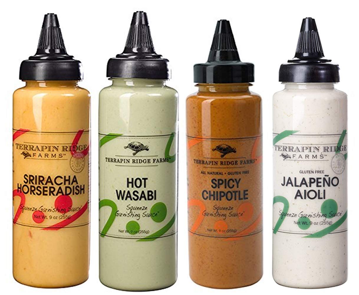 Flaming HOT 4 Pack - Sriracha Horseradish (9 oz), Spicy Chipotle (9 oz), Jalapeo Aioli (9 oz), and Hot Wasabi (9 oz) Garnishing Squeezes