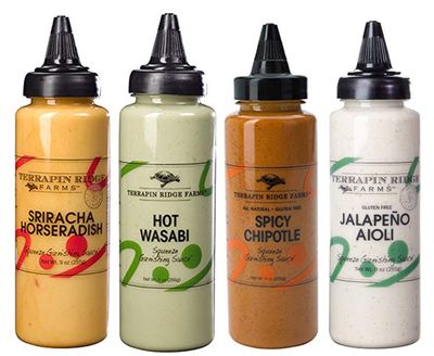 Flaming HOT 4 Pack - Sriracha Horseradish (9 oz), Spicy Chipotle (9 oz), Jalapeo Aioli (9 oz), and Hot Wasabi (9 oz) Garnishing Squeezes