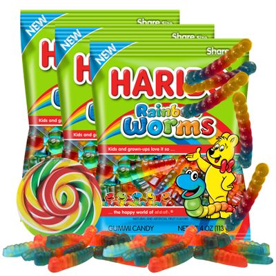 Needzo Gummy Rainbow Worms Candy, Assorted Fruit Flavored Worm Gummies, On the Go Snacks for Boys or Girls, 5 ounce Share Bags, Pack of 3,
